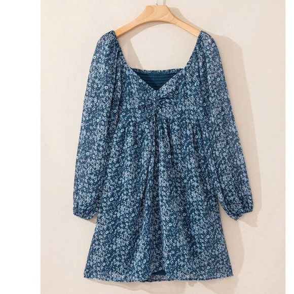 Boho Floral Print Bishop Sleeve Mini Dress - Picture 2 of 5